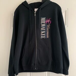 Ladies Black Zip Hoodie with “Milwaukee Wisconsin” in Shiny Bling!